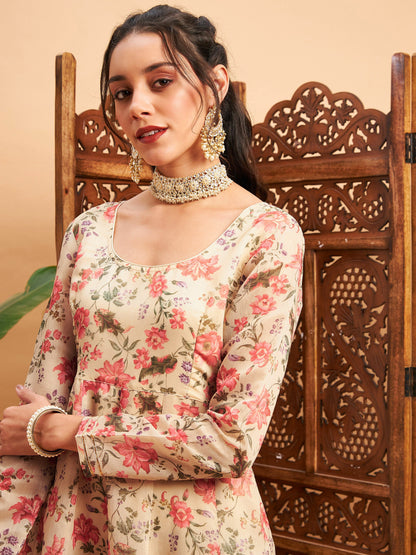 Beige Floral Round Neck Anarkali Maxi Kurta