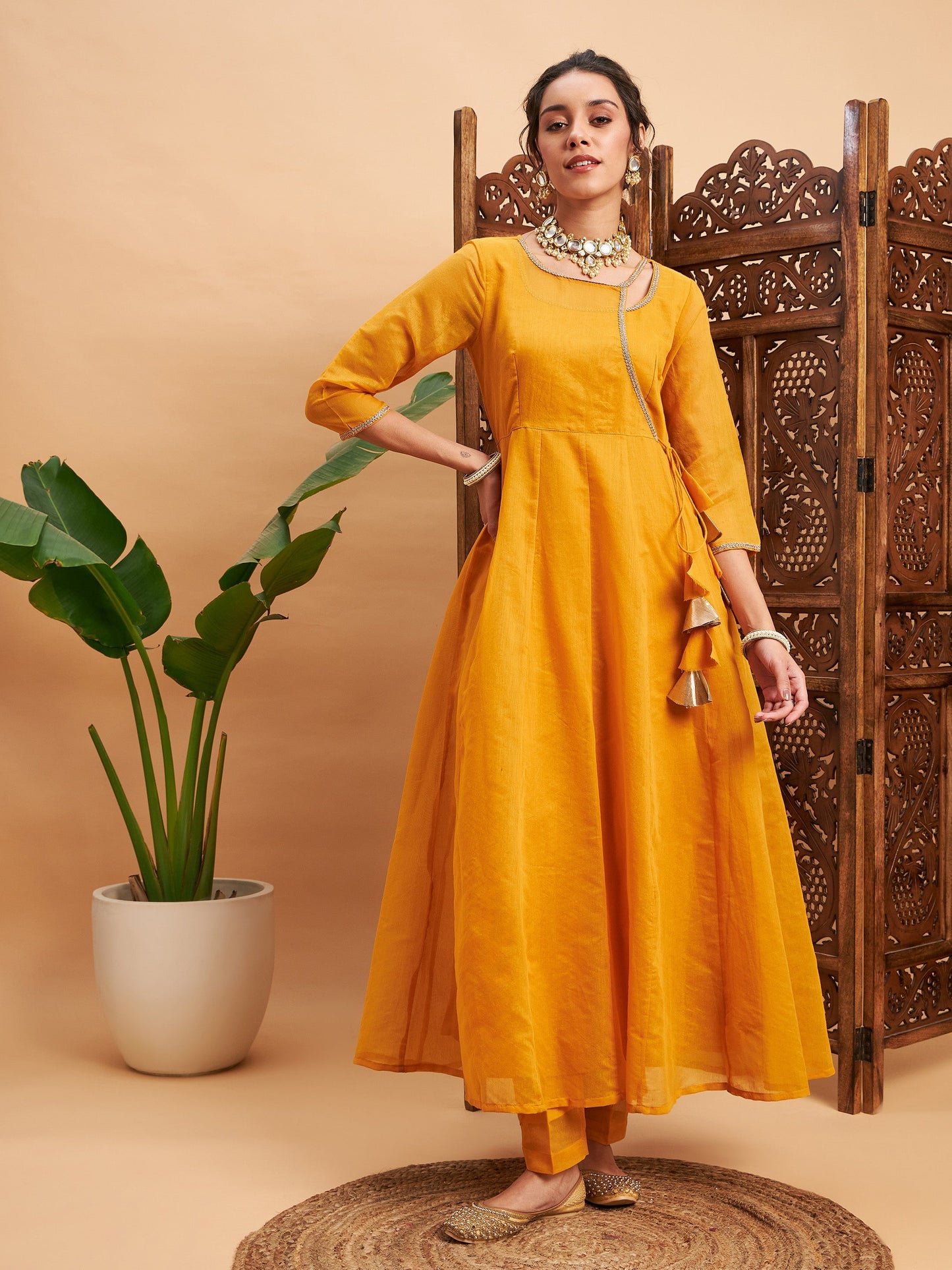 Mustard Chanderi Round Neck Anarkali Kurta