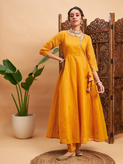 Mustard Chanderi Round Neck Anarkali Kurta