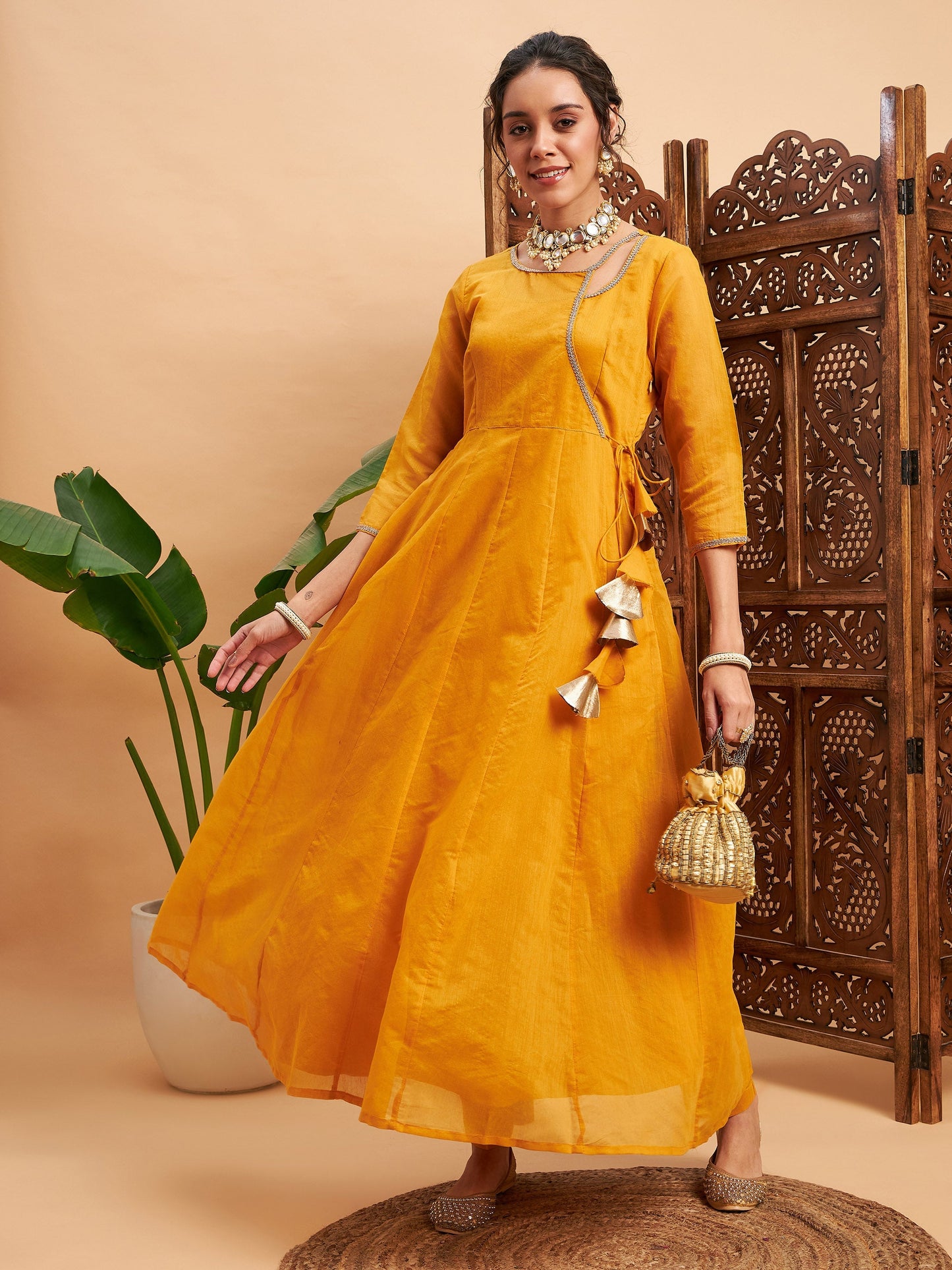 Mustard Chanderi Round Neck Anarkali Kurta