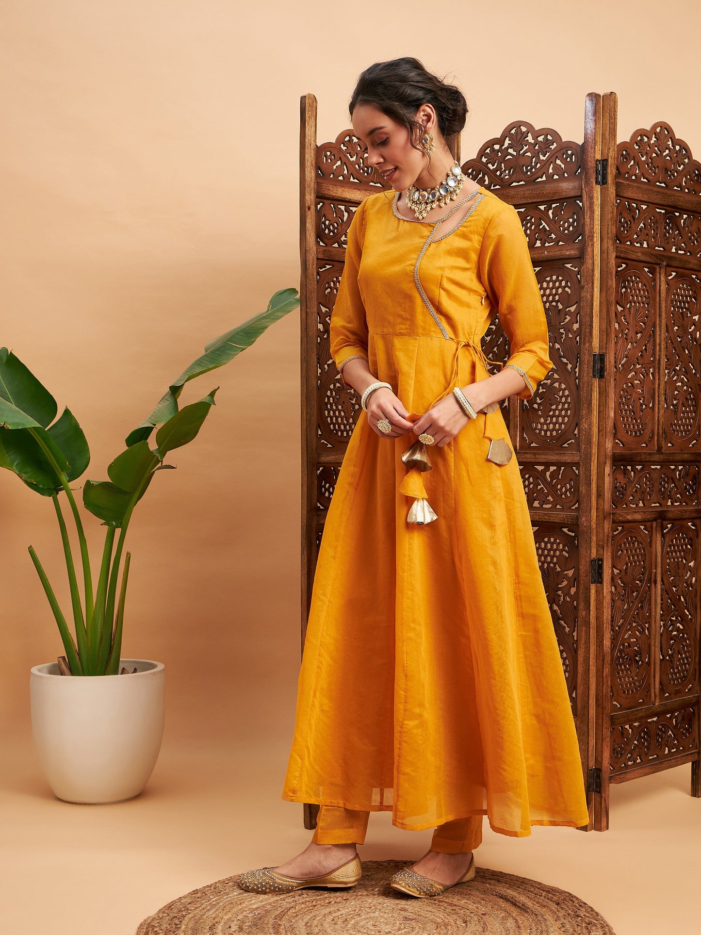 Mustard Chanderi Round Neck Anarkali Kurta