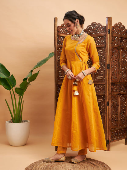 Mustard Chanderi Round Neck Anarkali Kurta