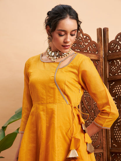 Mustard Chanderi Round Neck Anarkali Kurta