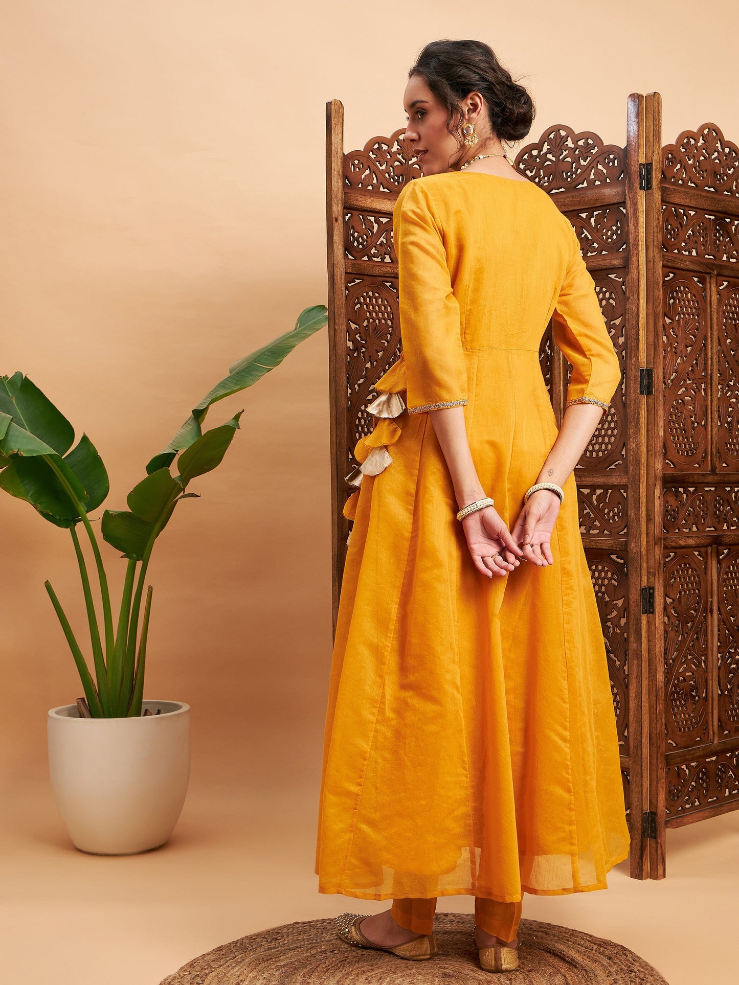 Mustard Chanderi Round Neck Anarkali Kurta