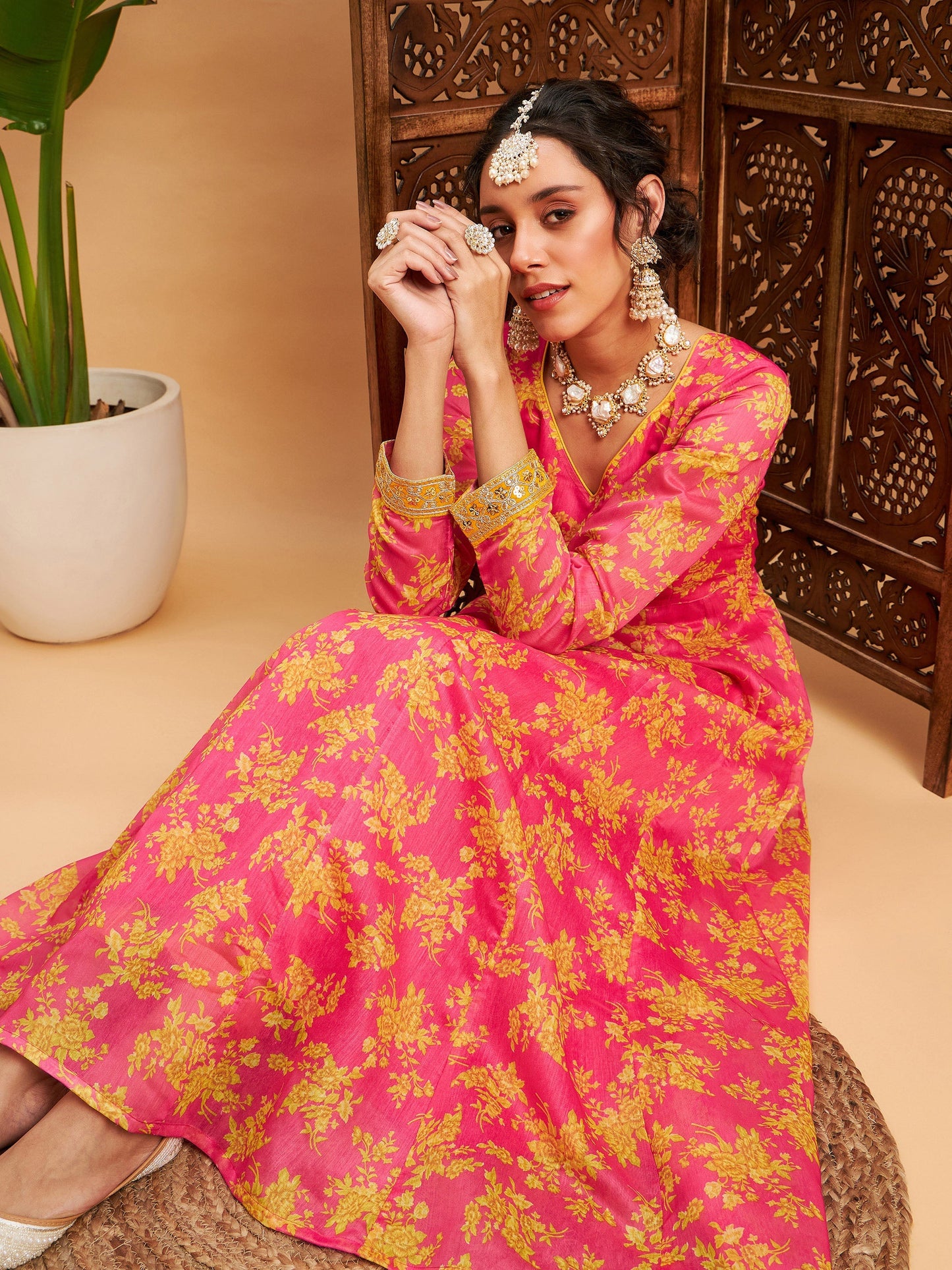 Fushcia Floral Sweatheart Neck Anarkali Maxi Kurta