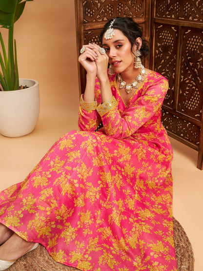 Fushcia Floral Sweatheart Neck Anarkali Maxi Kurta