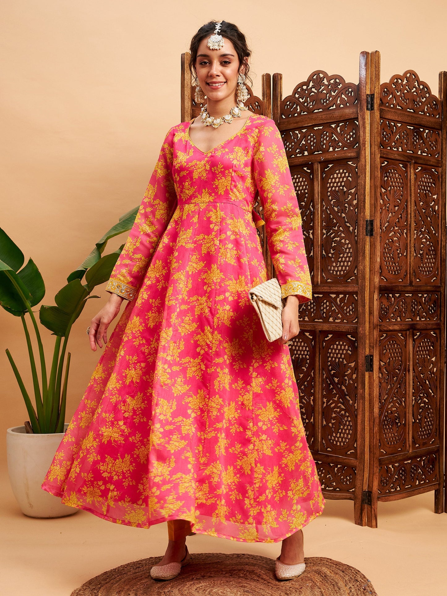 Fushcia Floral Sweatheart Neck Anarkali Maxi Kurta