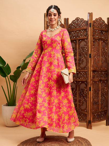 Fushcia Floral Sweatheart Neck Anarkali Maxi Kurta