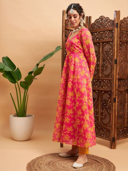 Fushcia Floral Sweatheart Neck Anarkali Maxi Kurta