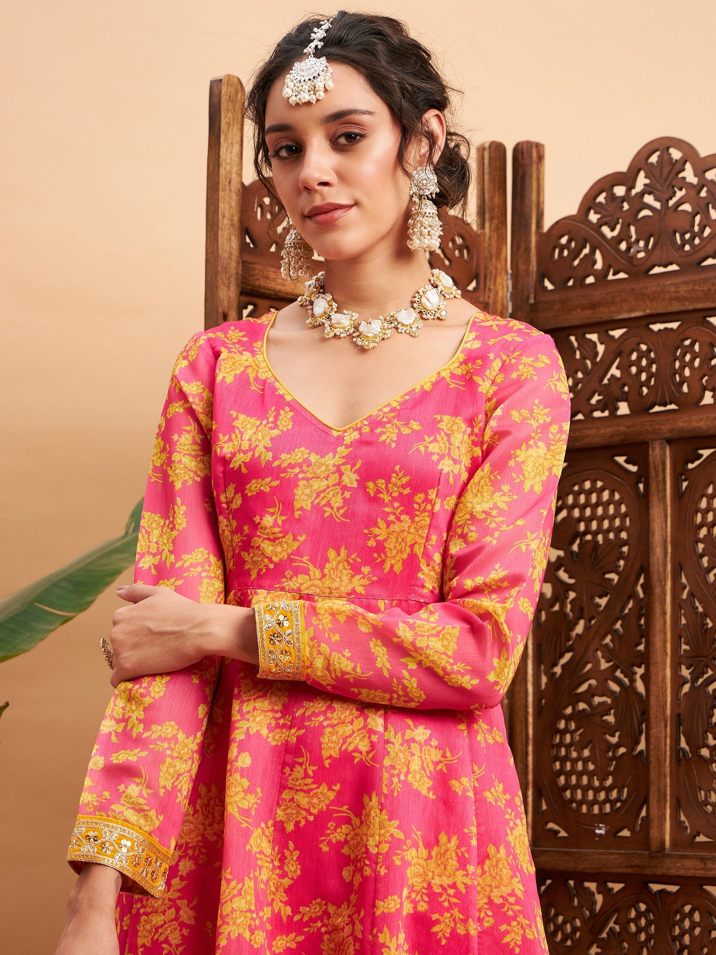 Fushcia Floral Sweatheart Neck Anarkali Maxi Kurta