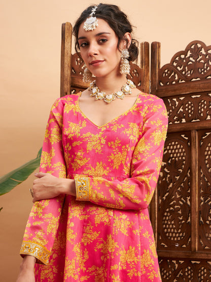 Fushcia Floral Sweatheart Neck Anarkali Maxi Kurta