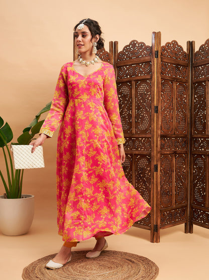 Fushcia Floral Sweatheart Neck Anarkali Maxi Kurta