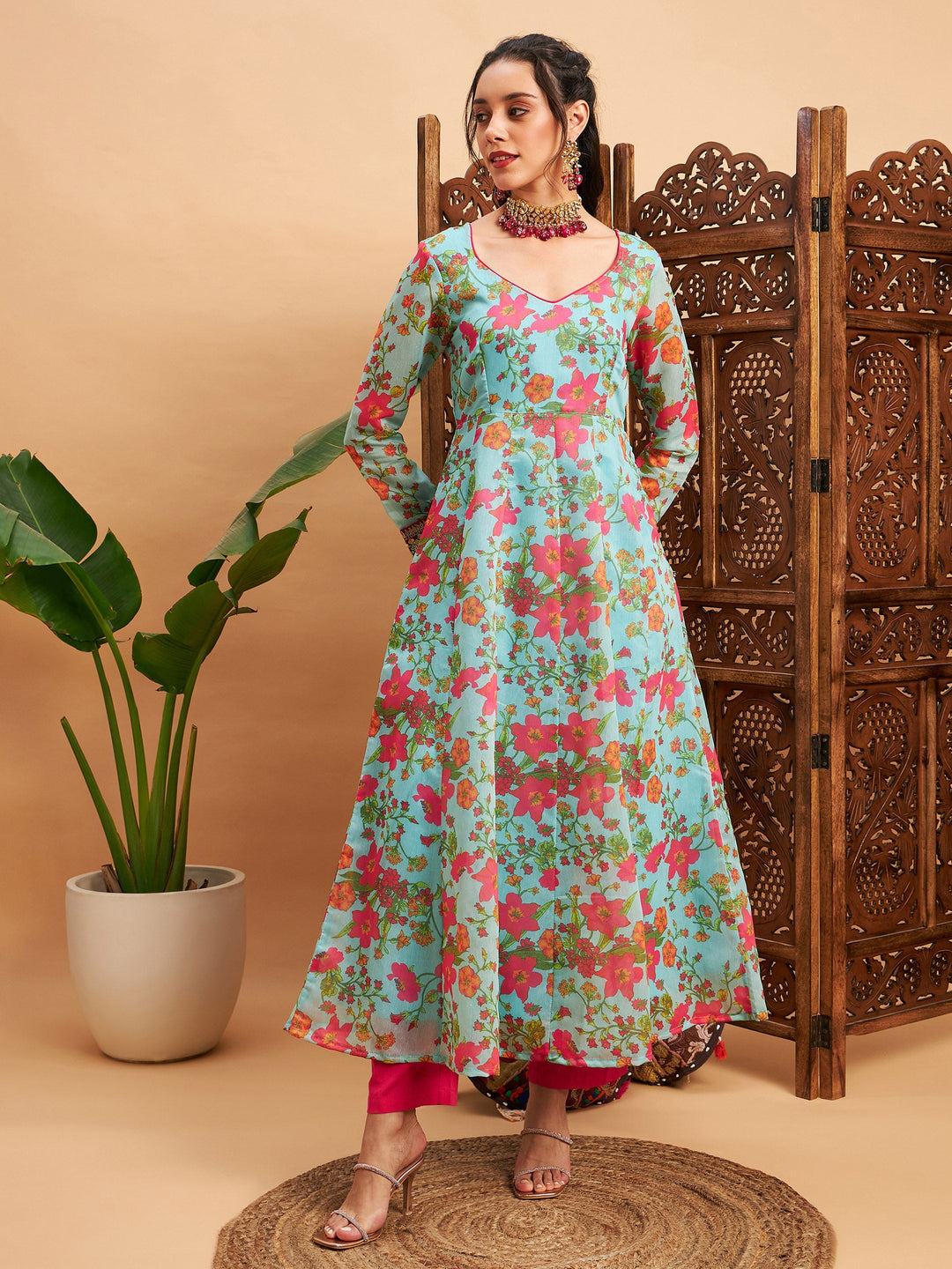 Women's Women Blue Floral Sweetheart Neck Anarkali Maxi Kurta in Poly Silk by Shae for wholesale, bulk, supplier, manufacturer and wholesaler buyers from Trendphoria