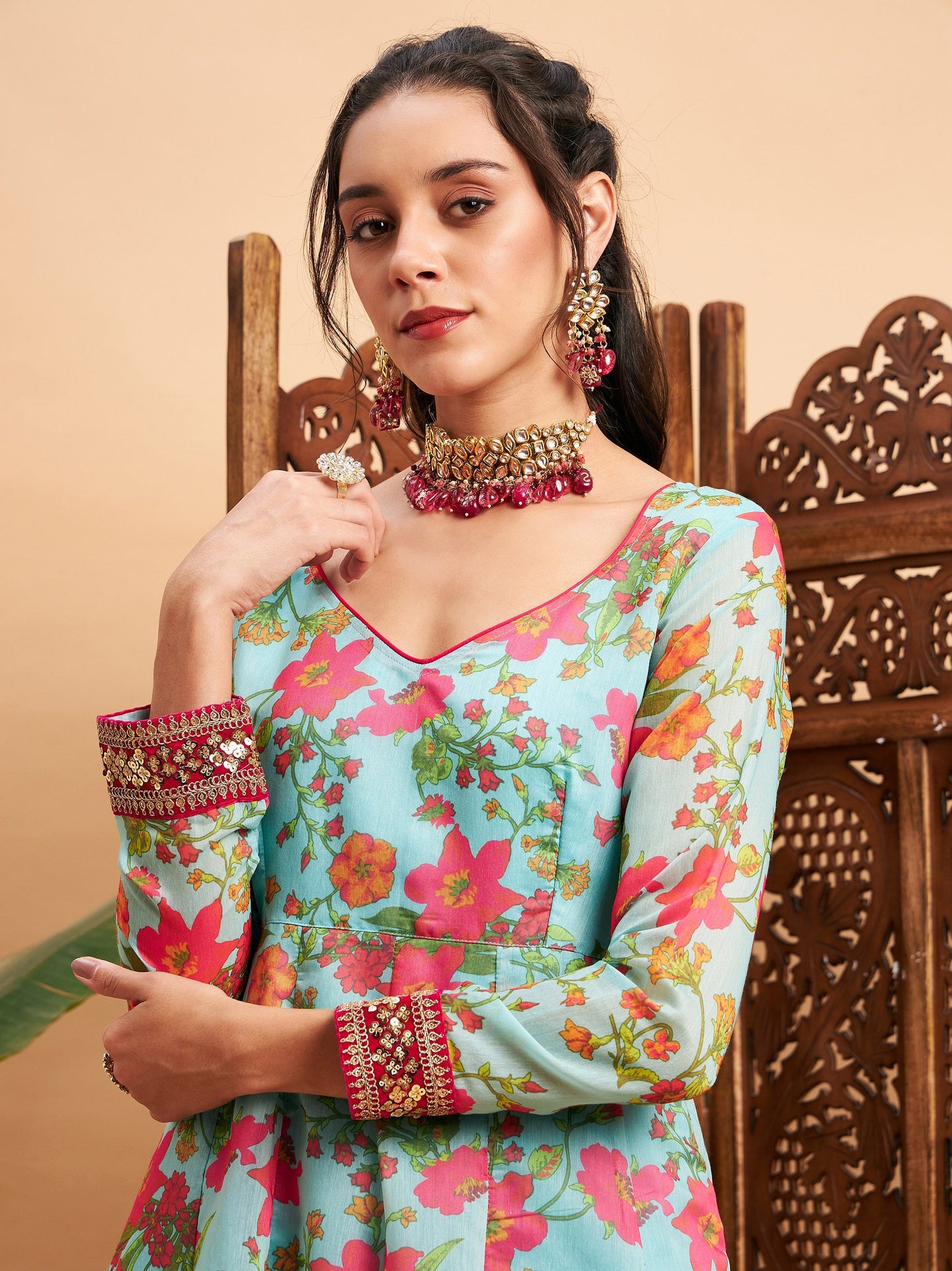 Blue Floral Sweatheart Neck Anarkali Maxi Kurta-Shae by SASSAFRAS