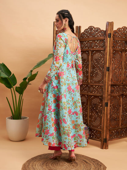 Blue Floral Sweatheart Neck Anarkali Maxi Kurta-Shae by SASSAFRAS