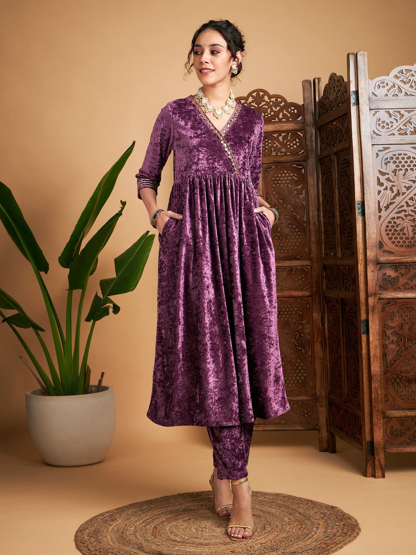 Mauve Velvet Wrap Gathered Kurta