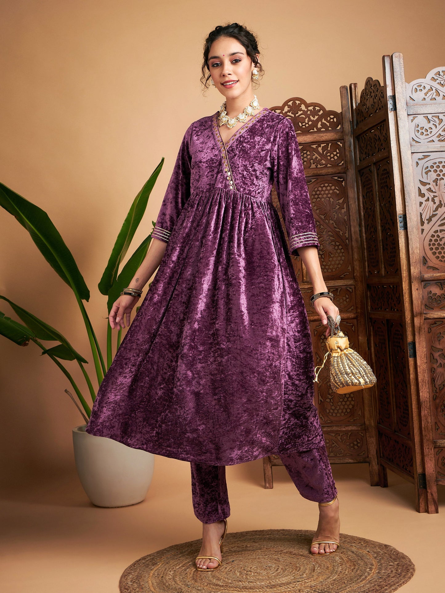 Mauve Velvet Wrap Gathered Kurta