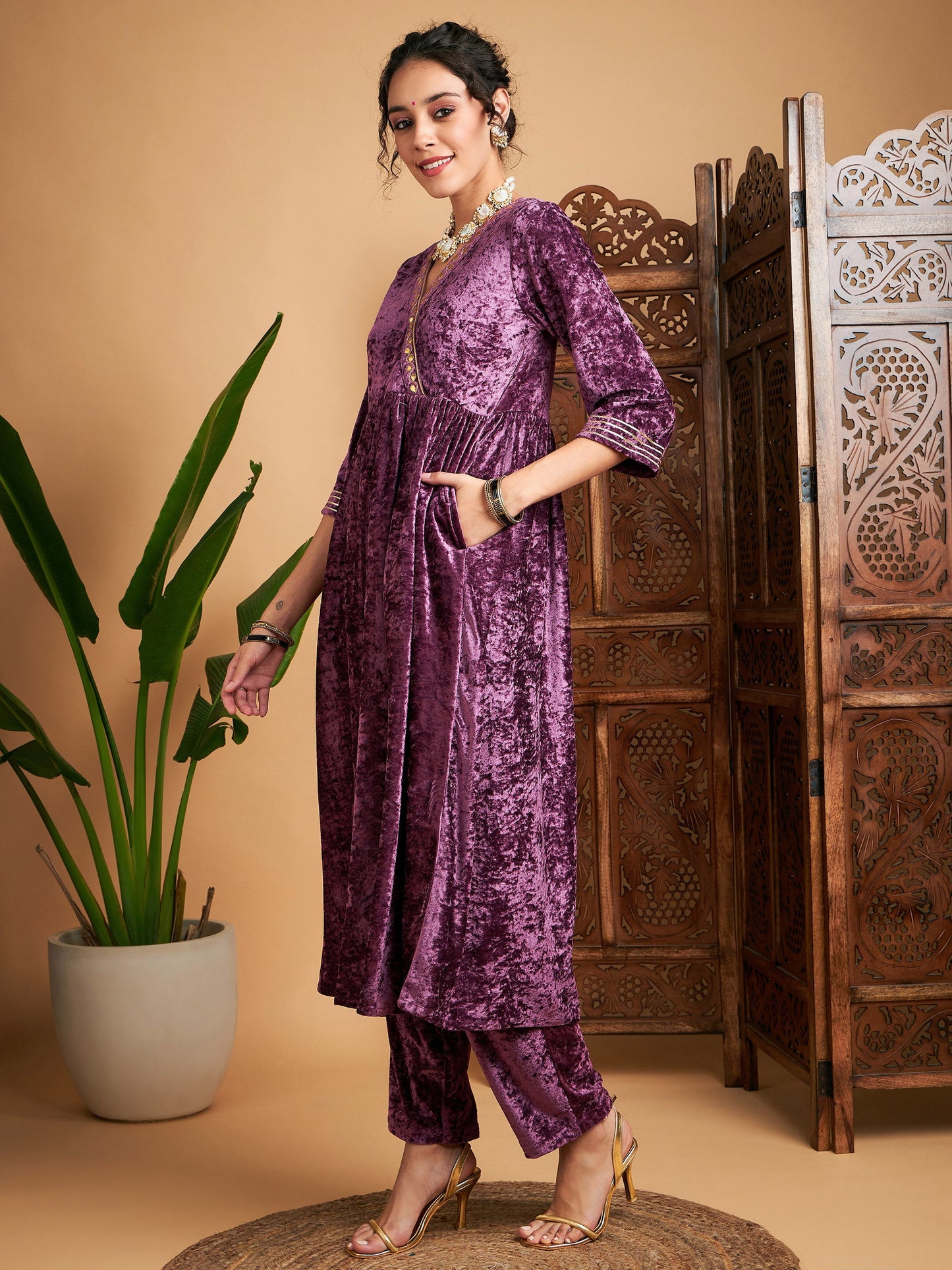 Mauve Velvet Wrap Gathered Kurta