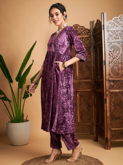 Mauve Velvet Wrap Gathered Kurta