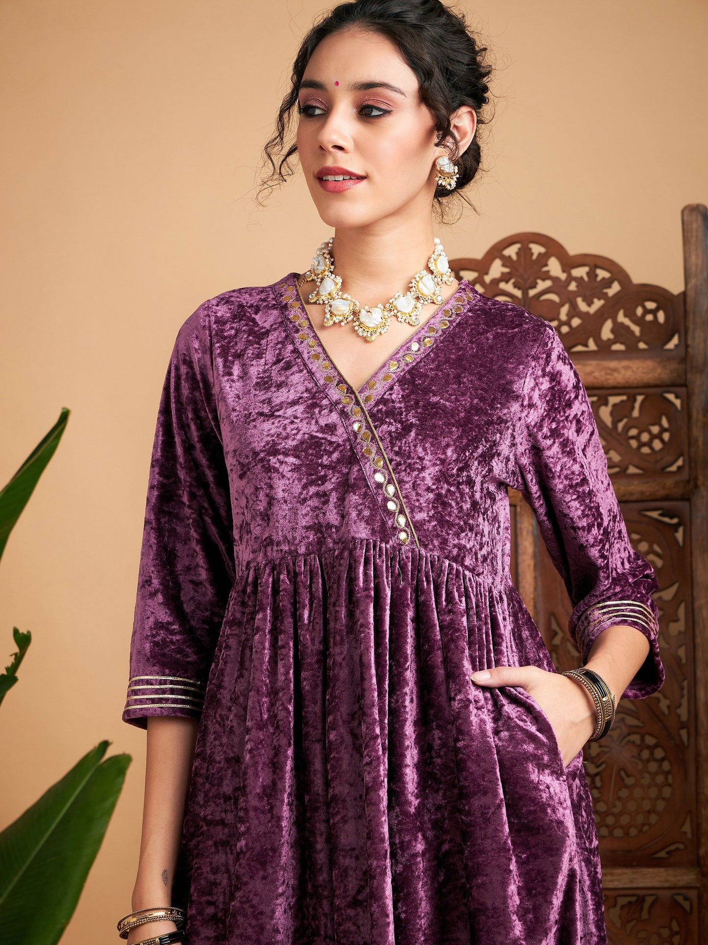 Mauve Velvet Wrap Gathered Kurta