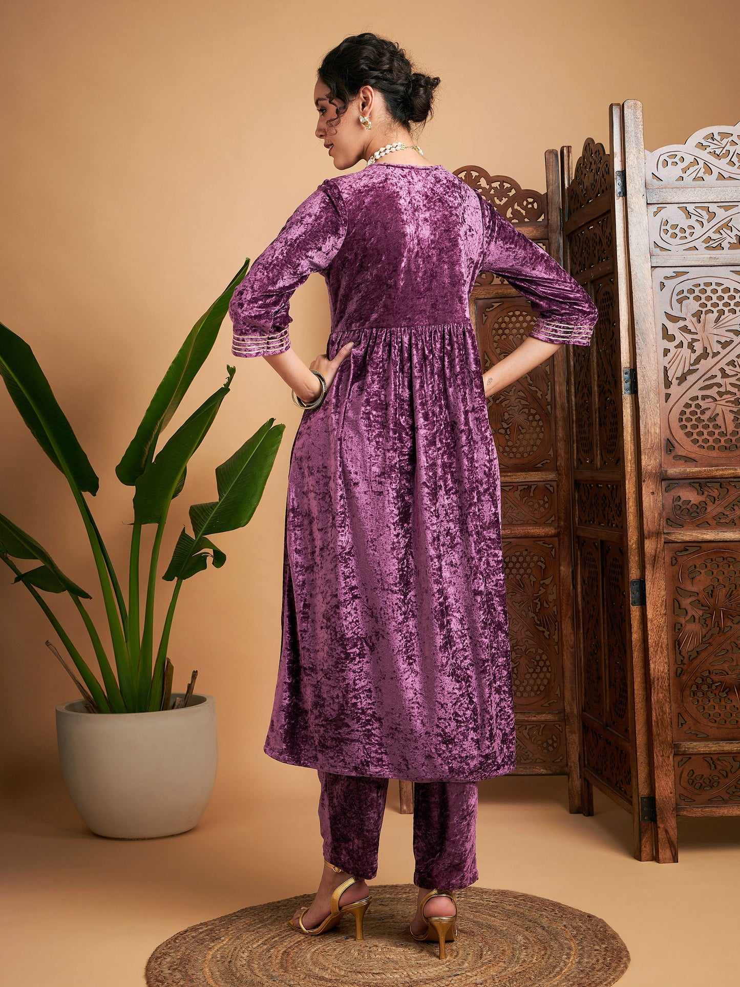Mauve Velvet Wrap Gathered Kurta