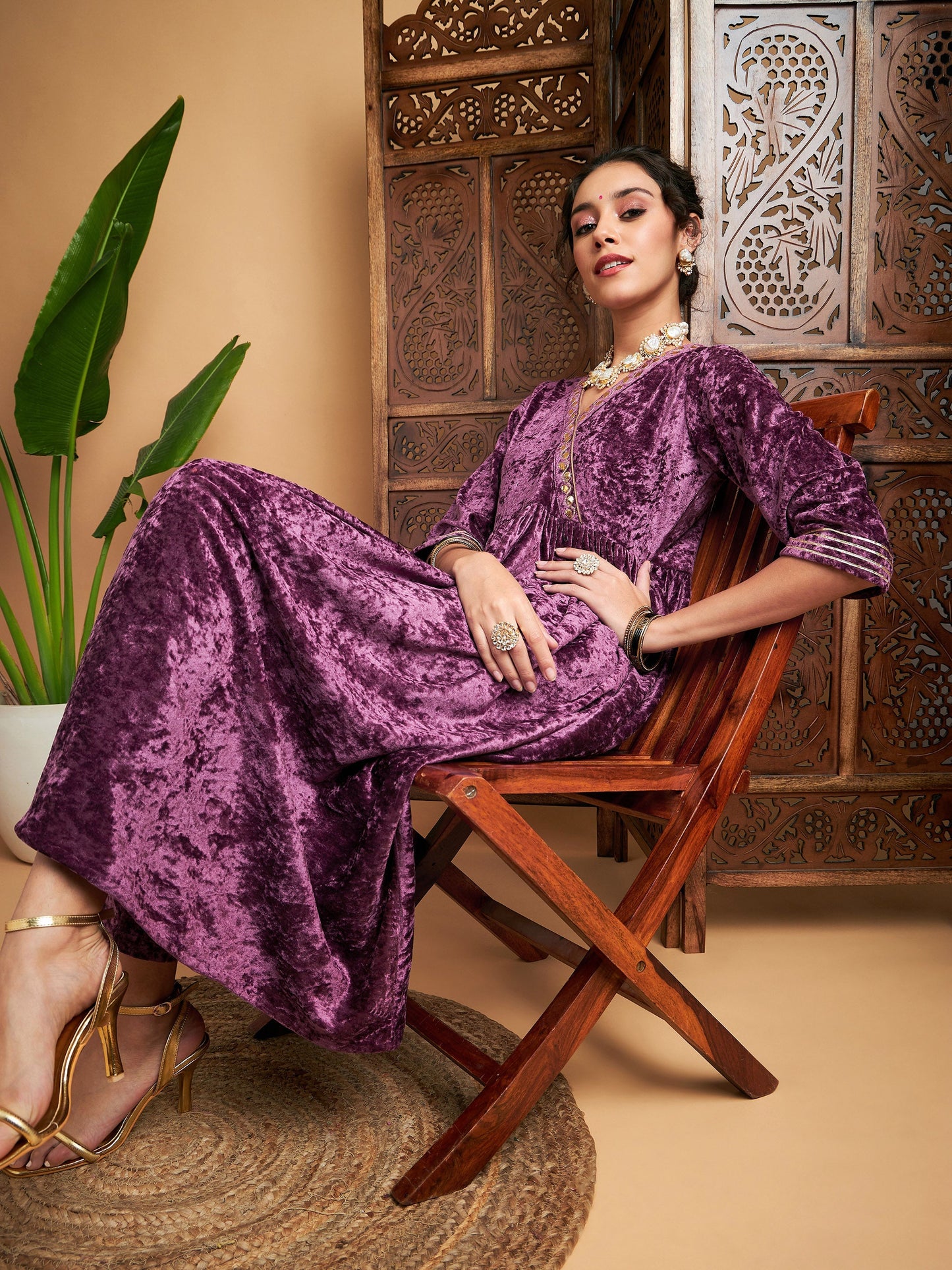 Mauve Velvet Wrap Gathered Kurta