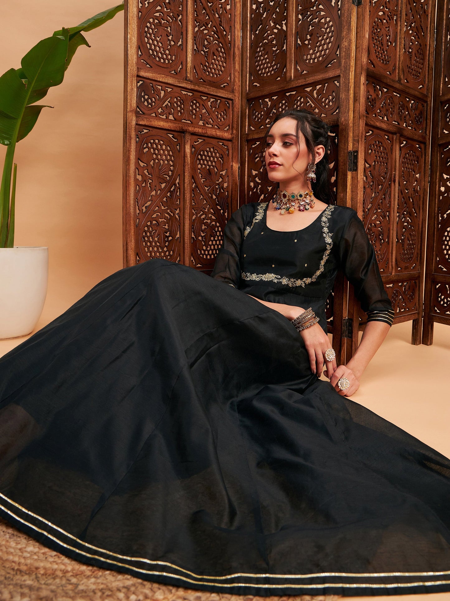 Black Chanderi Embroidered Anarkali Maxi Kurta