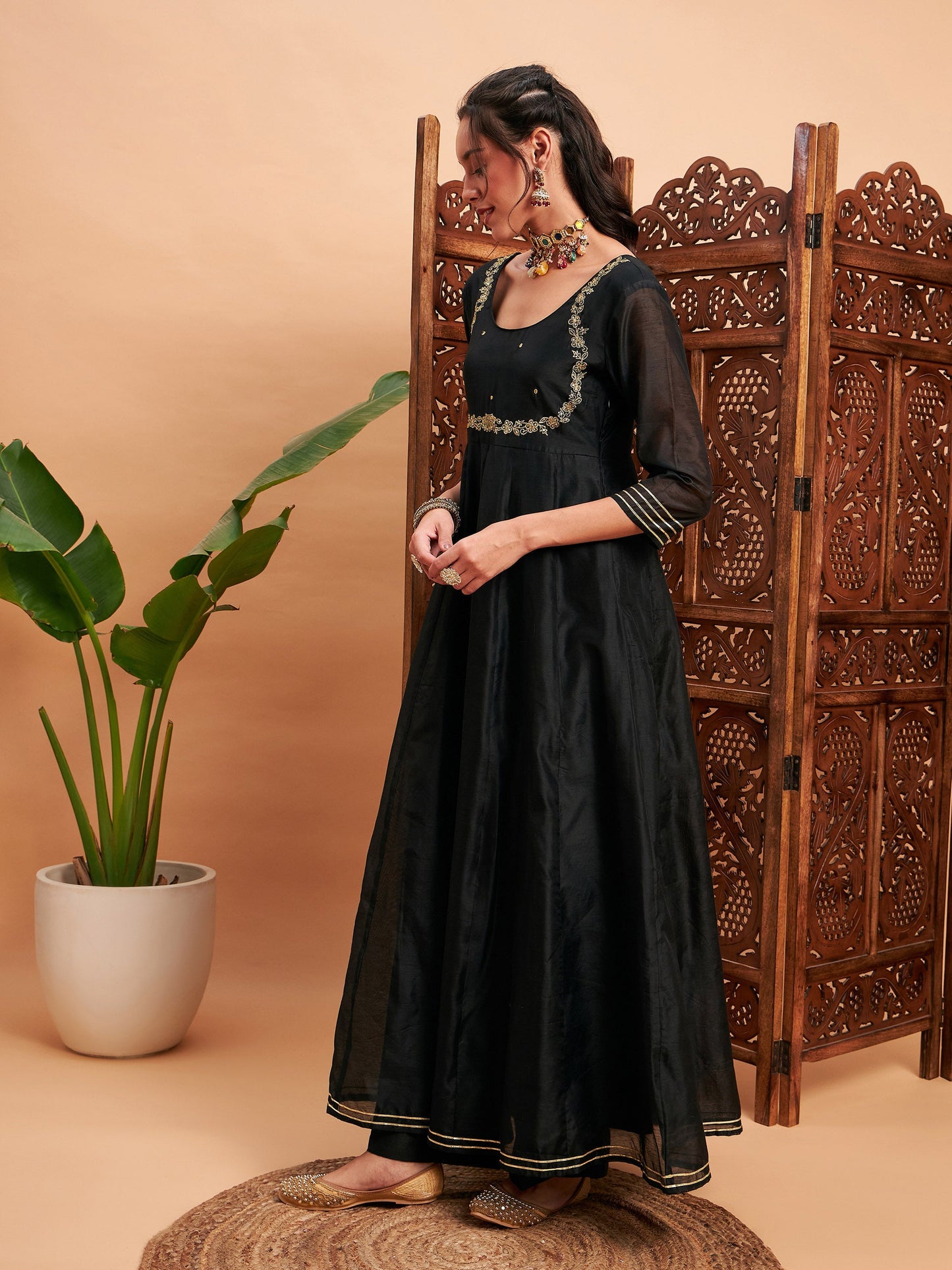 Black Chanderi Embroidered Anarkali Maxi Kurta