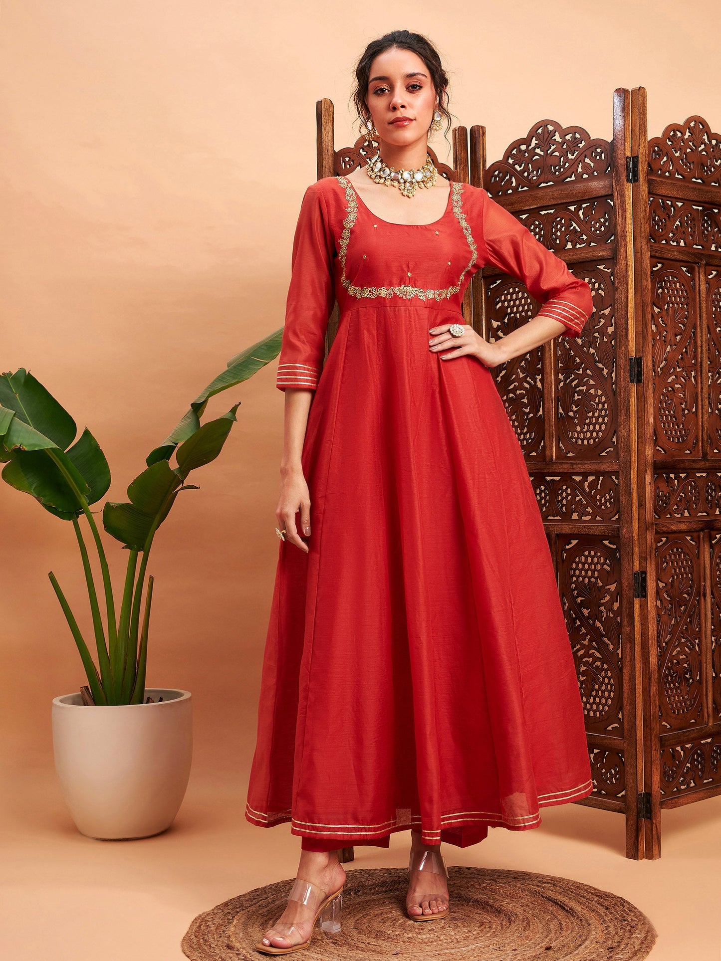 Rust Chanderi Embroidered Anarkali Maxi Kurta