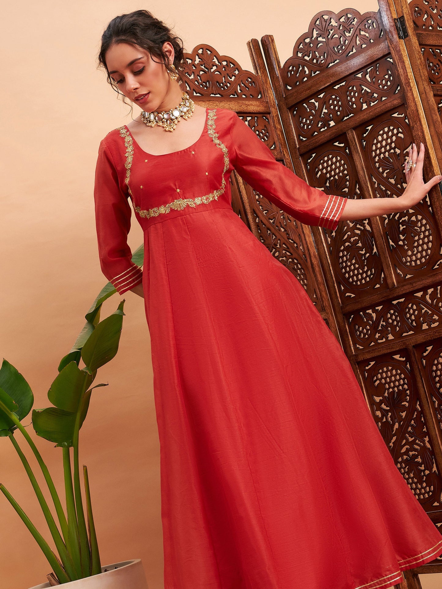Rust Chanderi Embroidered Anarkali Maxi Kurta