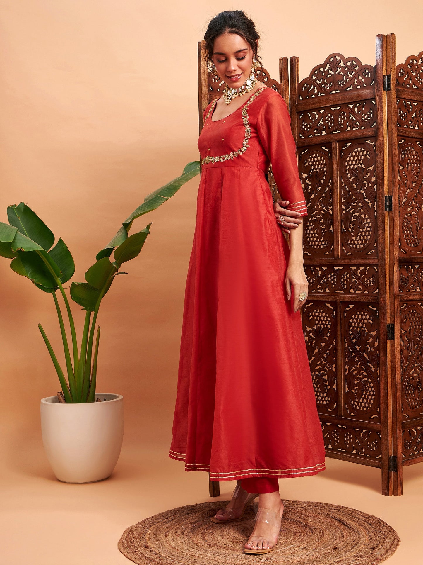 Rust Chanderi Embroidered Anarkali Maxi Kurta