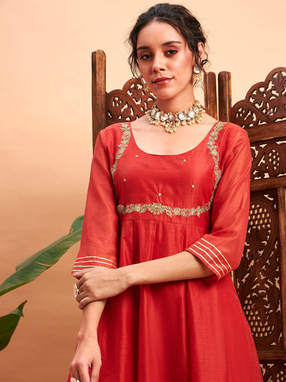 Rust Chanderi Embroidered Anarkali Maxi Kurta
