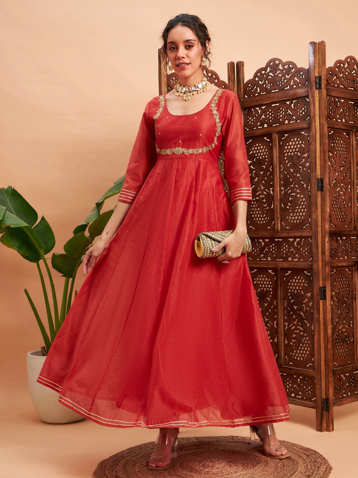 Rust Chanderi Embroidered Anarkali Maxi Kurta