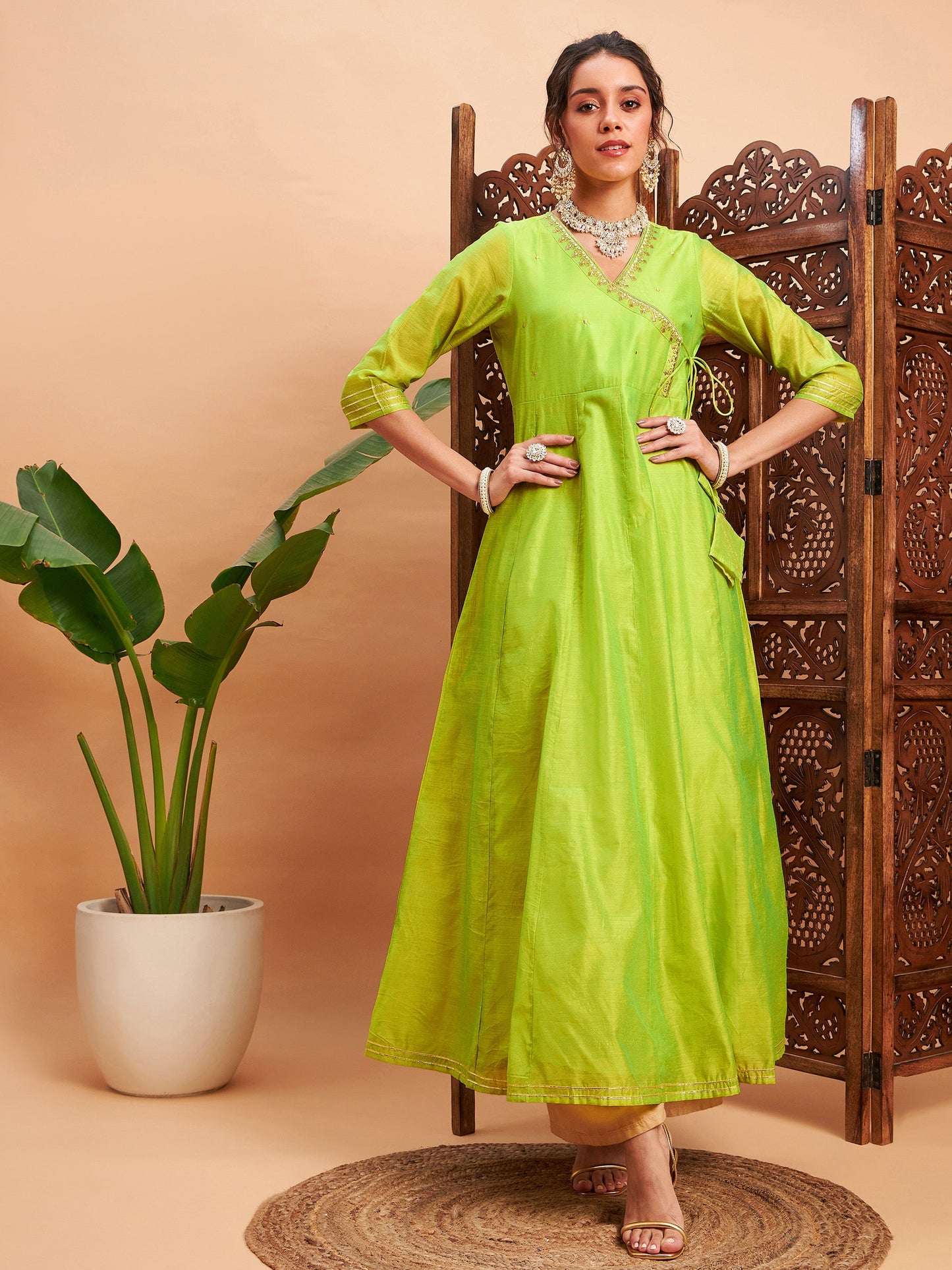 Lime Green Chanderi Embroidered Wrap Anarkali Kurta