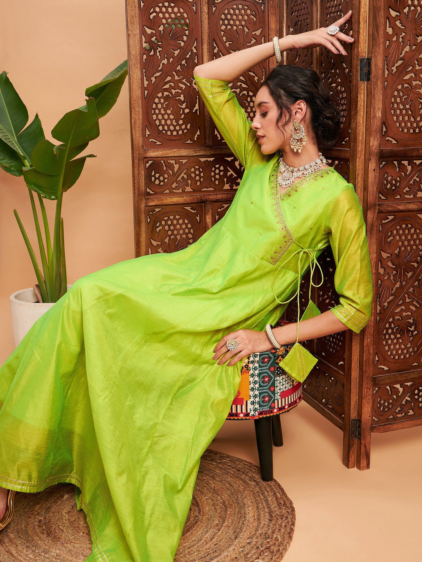 Lime Green Chanderi Embroidered Wrap Anarkali Kurta