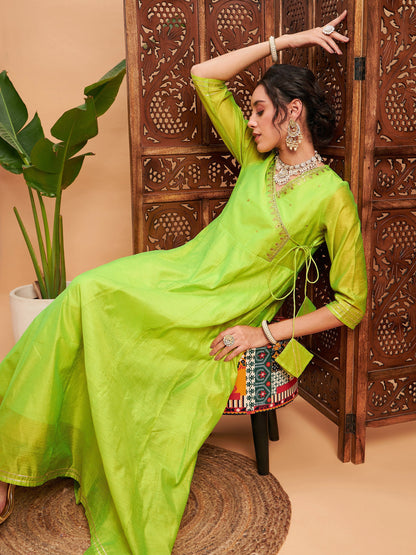 Lime Green Chanderi Embroidered Wrap Anarkali Kurta