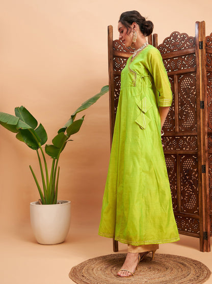 Lime Green Chanderi Embroidered Wrap Anarkali Kurta