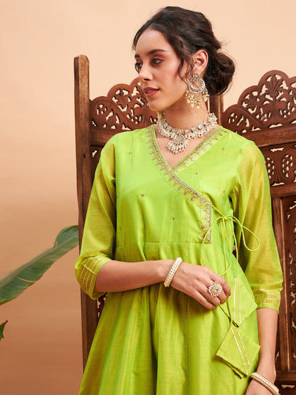 Lime Green Chanderi Embroidered Wrap Anarkali Kurta