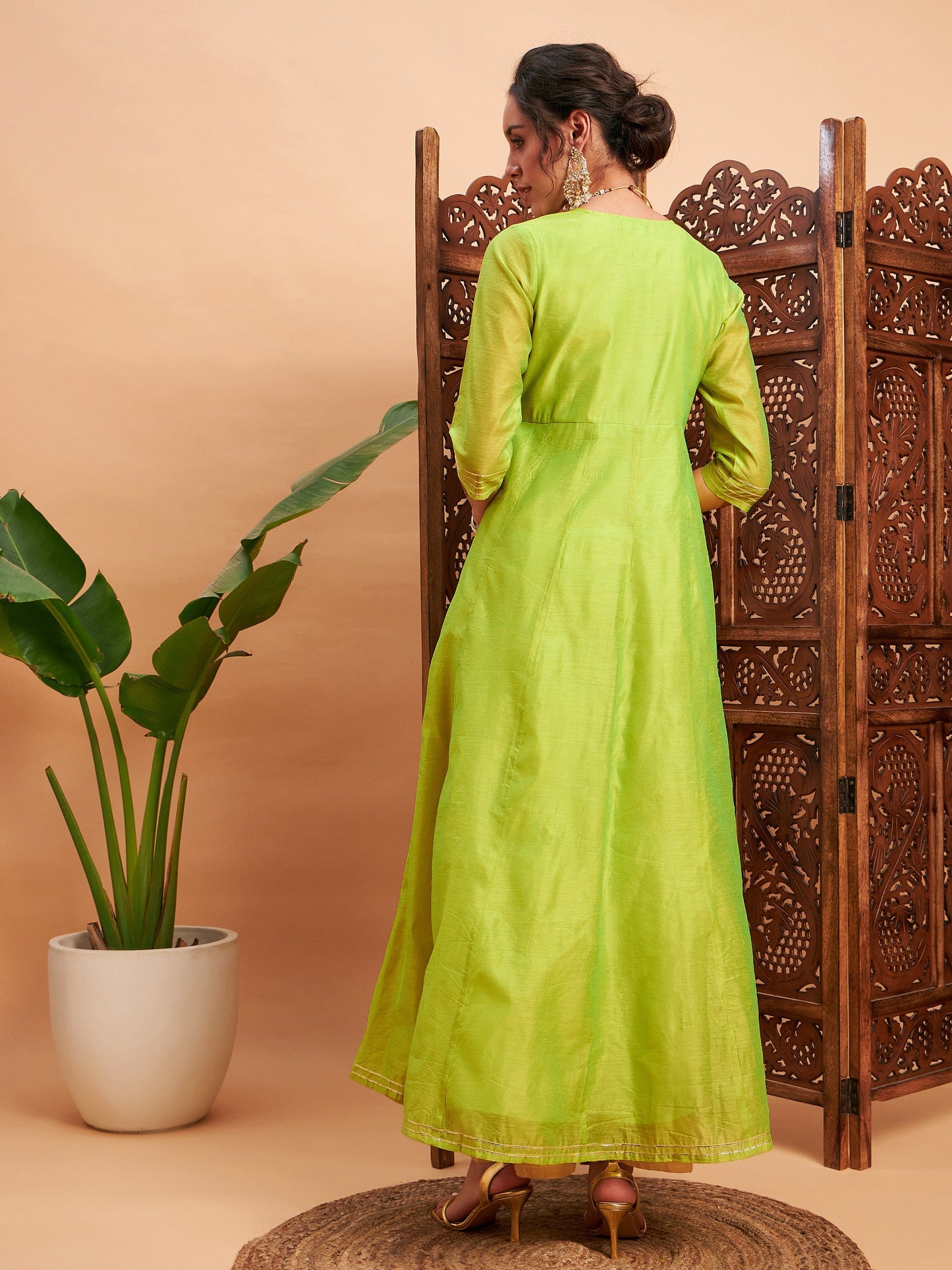 Lime Green Chanderi Embroidered Wrap Anarkali Kurta