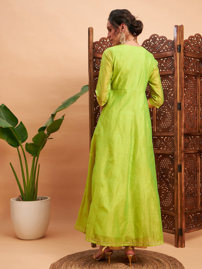 Lime Green Chanderi Embroidered Wrap Anarkali Kurta