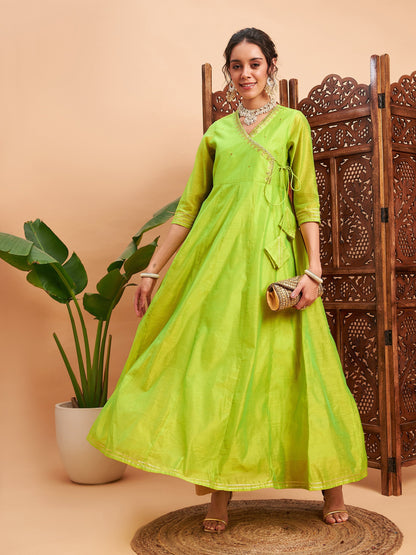 Lime Green Chanderi Embroidered Wrap Anarkali Kurta
