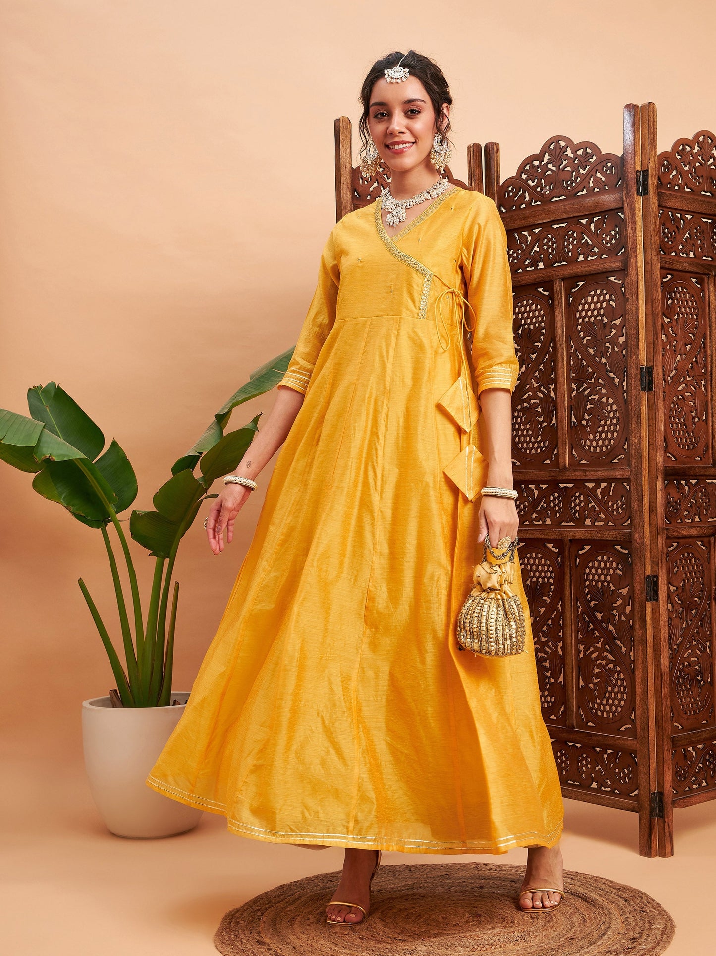 Yellow Chanderi Embroidered Wrap Anarkali Kurta