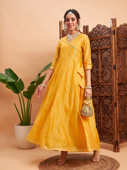 Yellow Chanderi Embroidered Wrap Anarkali Kurta