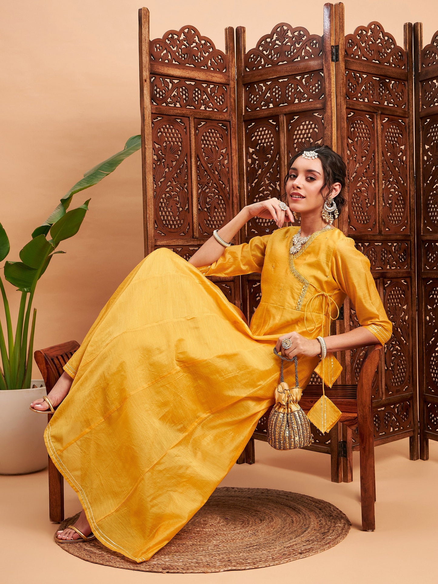 Yellow Chanderi Embroidered Wrap Anarkali Kurta