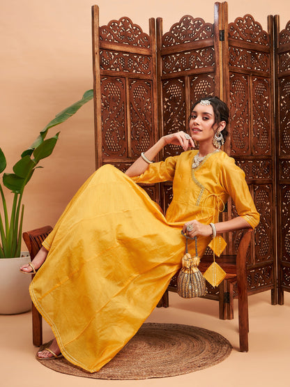 Yellow Chanderi Embroidered Wrap Anarkali Kurta