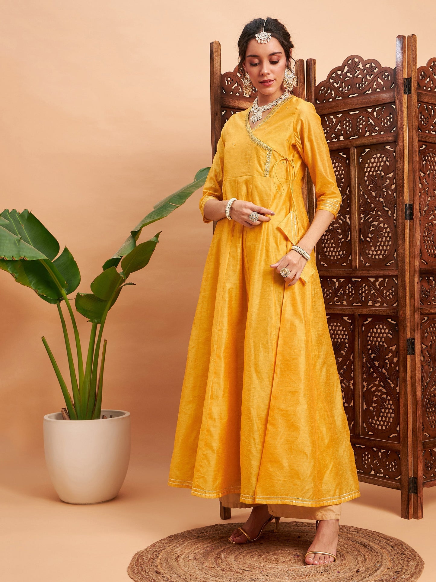 Yellow Chanderi Embroidered Wrap Anarkali Kurta