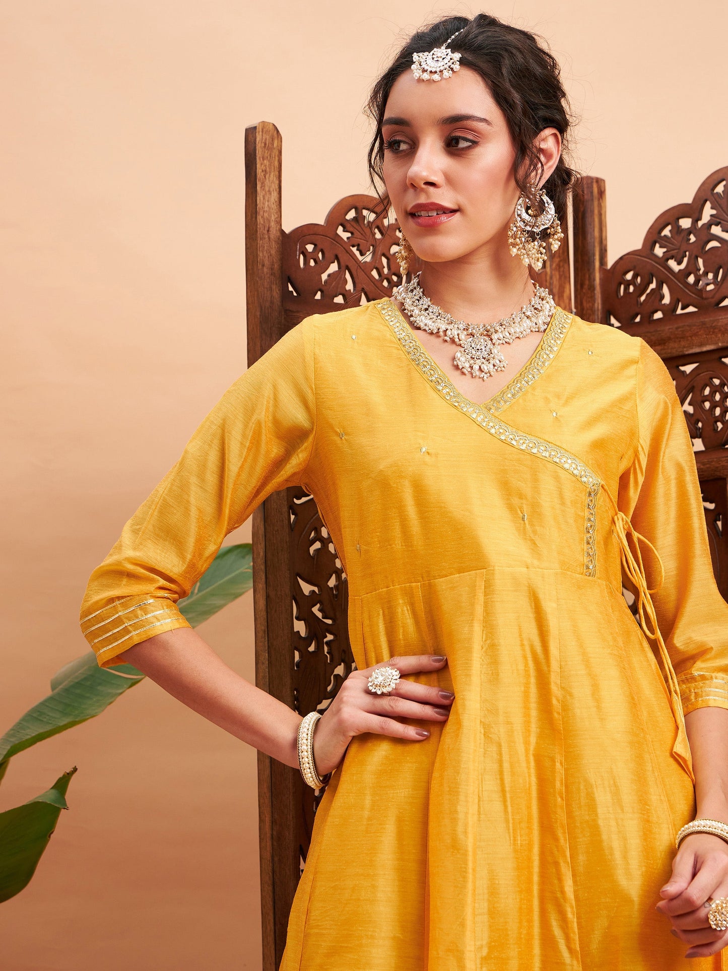 Yellow Chanderi Embroidered Wrap Anarkali Kurta