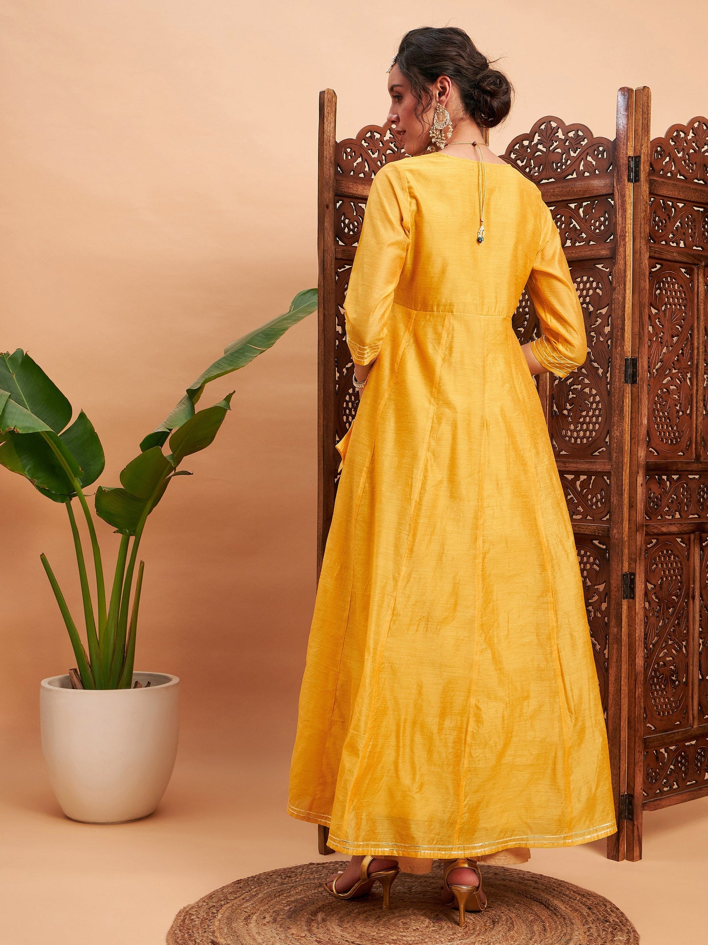 Yellow Chanderi Embroidered Wrap Anarkali Kurta