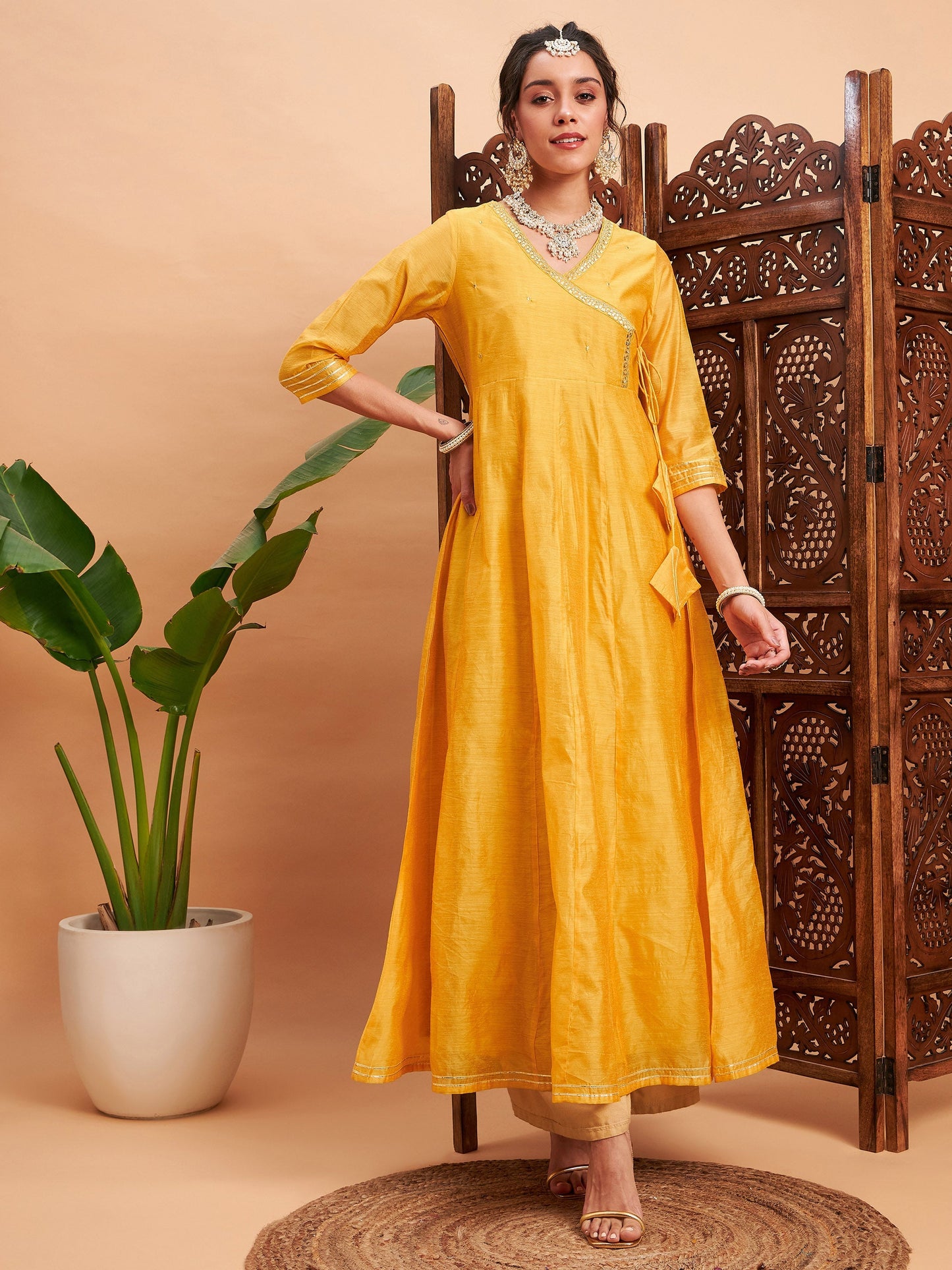 Yellow Chanderi Embroidered Wrap Anarkali Kurta