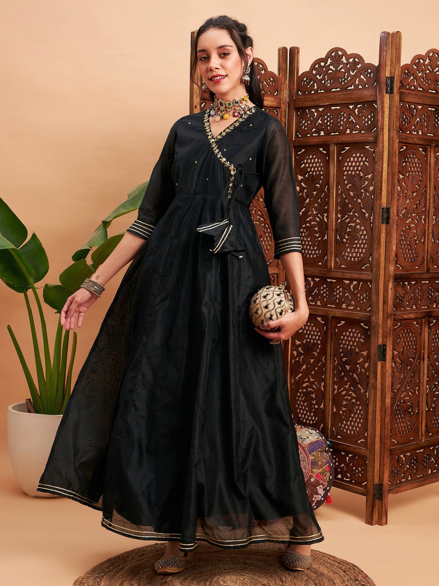 Black Chanderi Embroidered Wrap Anarkali Kurta
